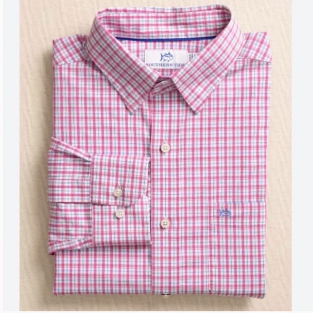 NWT Southern Tide Boys Pink Plaid Charleston Sport Shirt